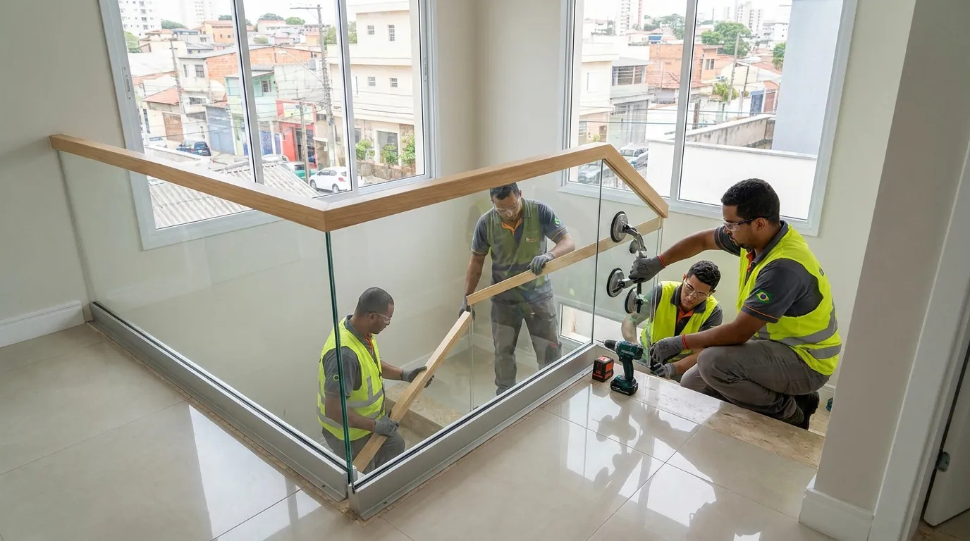 Equipe montando guarda-corpo de vidro em área elevada
