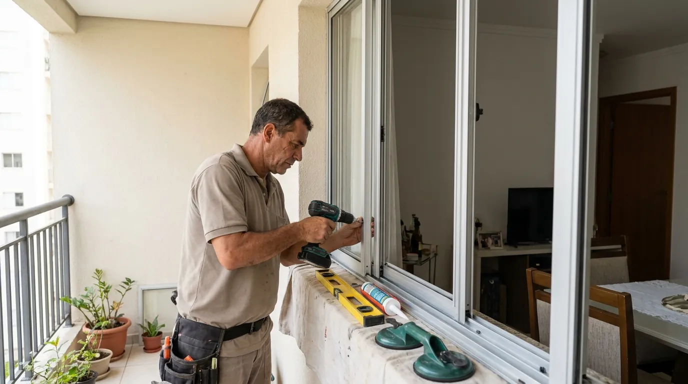 Vidraceiro ajustando janela de vidro de apartamento