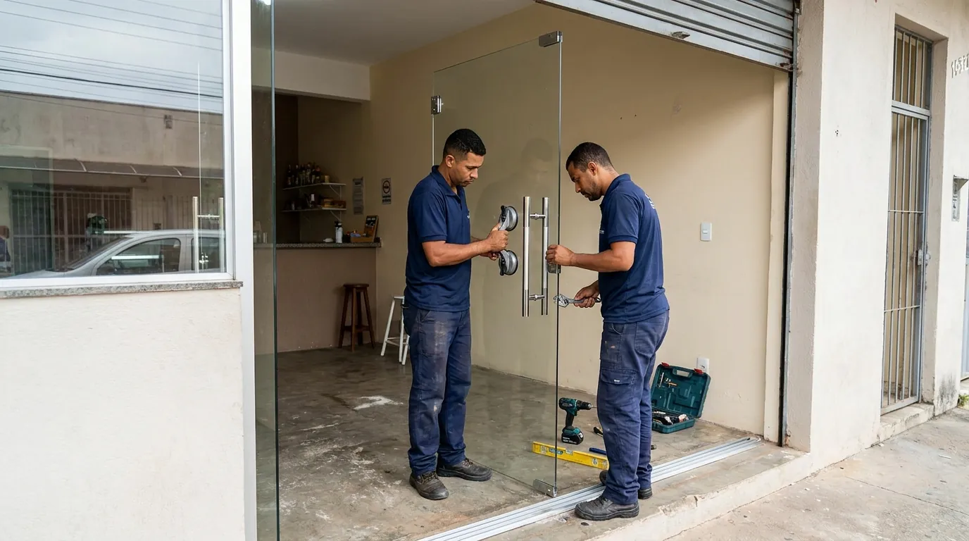 Equipe posicionando folha de porta de vidro no vão existente
